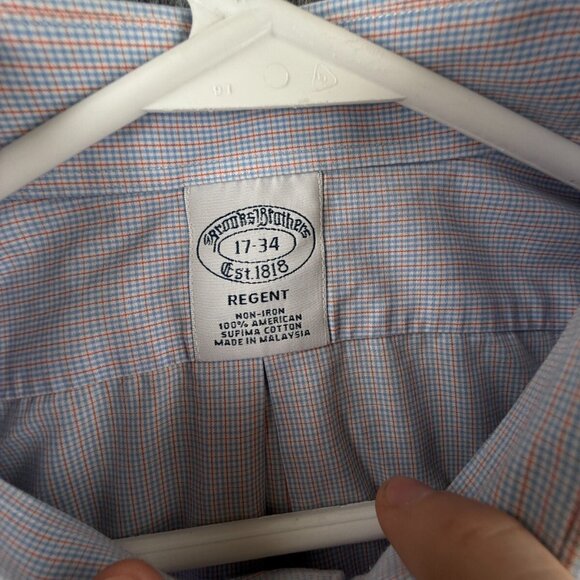Brooks Brothers Orange Blue Check Non Iron Button Up Long Sleeve 17 34 Regent - Picture 8 of 13
